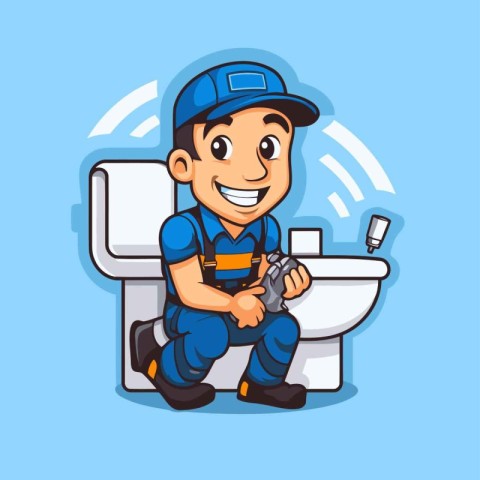 Plumber with a gun in the toilet. Vector cartoon illustration.