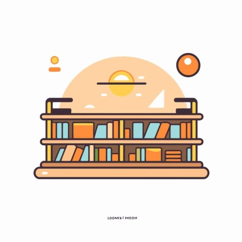 Bookshelf with books and sun in flat style. Vector illustration.