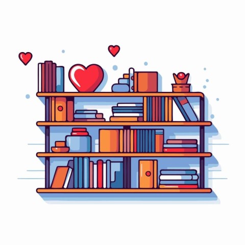 Bookshelf with books and hearts. Flat design vector illustration