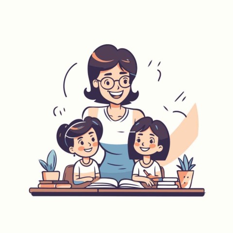 Teacher and children. Vector illustration in a flat cartoon styl