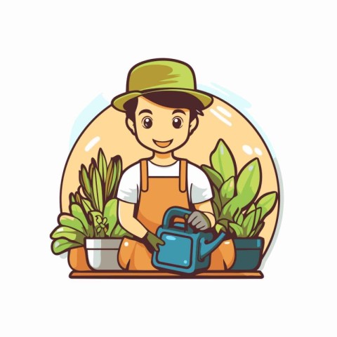 Cartoon gardener with watering can. Vector illustration in carto