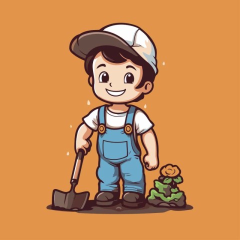 Cute little farmer with a shovel. Vector illustration in cartoon