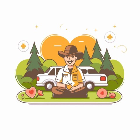 Vector illustration of a cowboy with a hat sitting on the grass