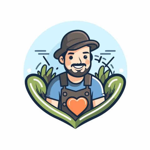 Gardener with heart in his hands. Vector illustration in cartoon