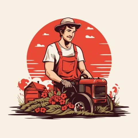 Farmer with a tractor on a field of flowers. Vector illustration