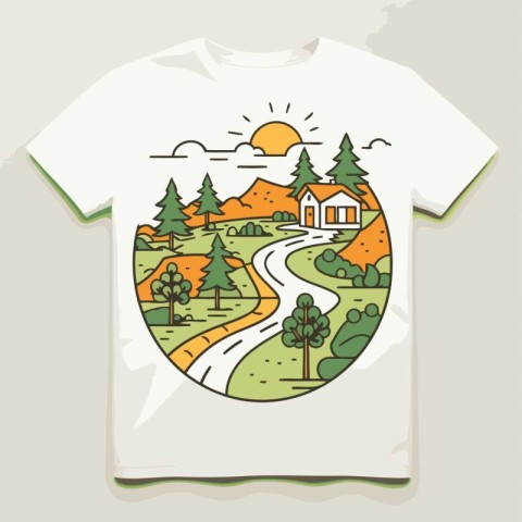 T-shirt print design with the image of a rural landscape. Vector