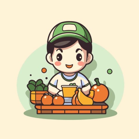 Cute farmer boy with fresh fruits and vegetables cartoon vector