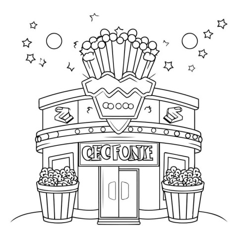 cinema movie theater building with popcorn bucket cartoon vector