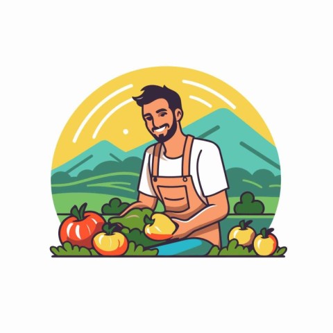 Man harvesting vegetables in the field. Vector illustration in c