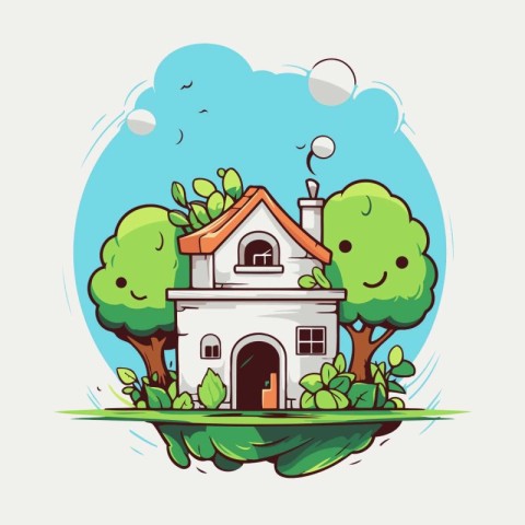 Cartoon house with trees and grass. Vector illustration in flat