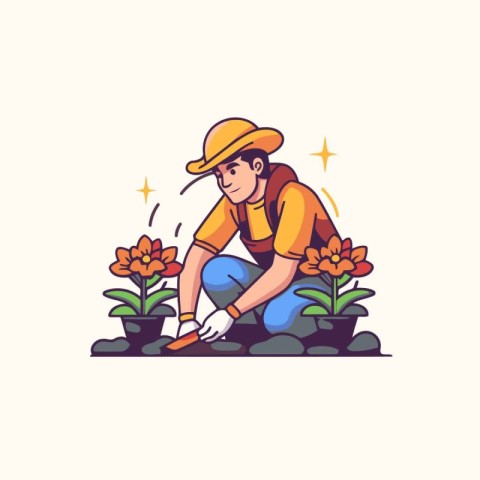 Gardener planting flowers. Vector illustration in flat cartoon s