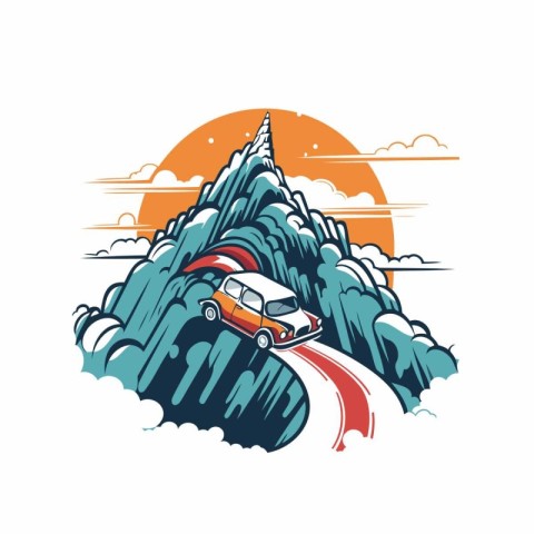 Car on the road in the mountains. Vector illustration on white b