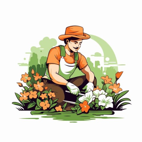 Gardener working in the garden. Gardening. Vector illustration