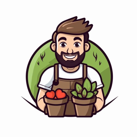 Farmer with pots of vegetables. Vector illustration in cartoon s