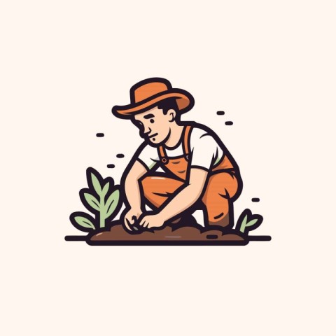 Gardener planting in the garden. Vector illustration in cartoon