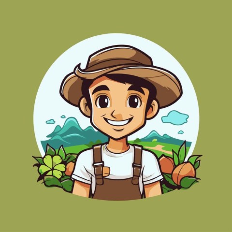 Cute cartoon farmer with hat. Vector illustration of a farm work