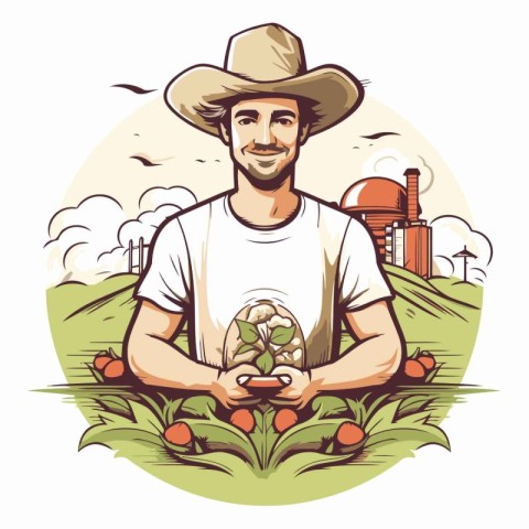 Farmer with egg in the field. Vector illustration of a farmer wi