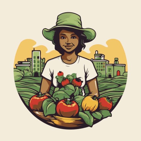 Vector illustration of a young farmer holding a basket full of f