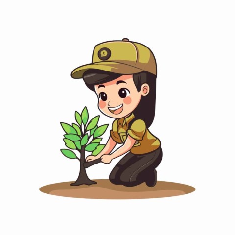 Cute little boy planting tree cartoon vector Illustration isolat