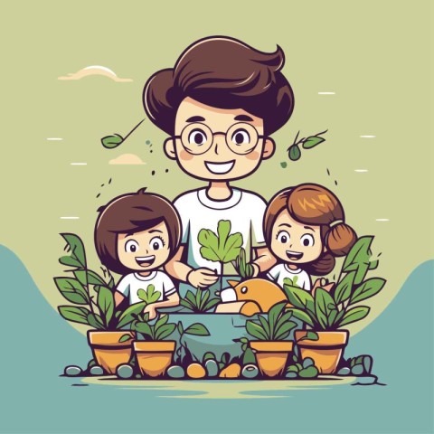 Vector illustration of a happy family taking care of plants in t