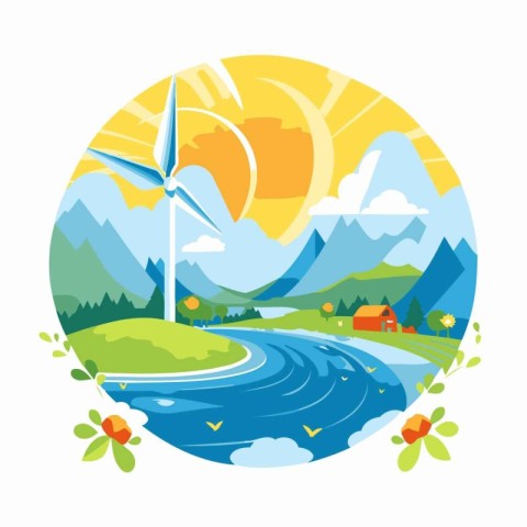 Vector illustration of a landscape with wind turbines and lake i