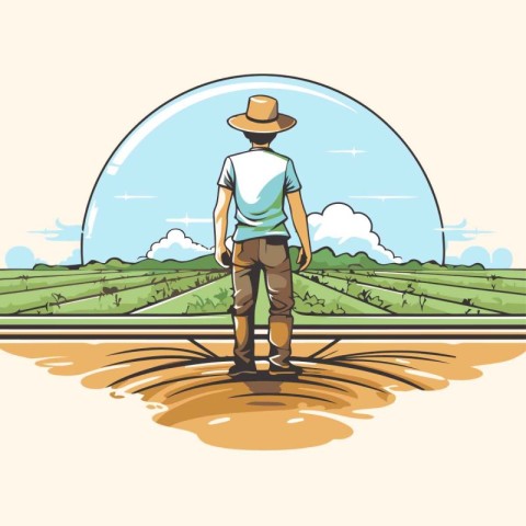 Farmer standing on the rice field. Vector illustration in cartoo