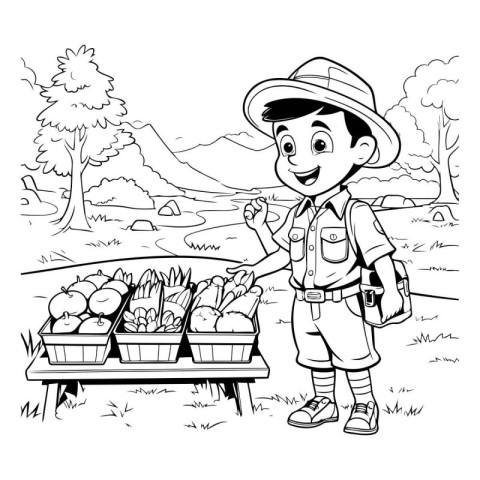 Boy scout with basket of vegetables. Vector illustration for col