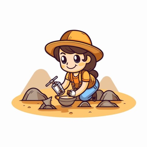 Vector illustration of a girl in a hat and with a shovel in the