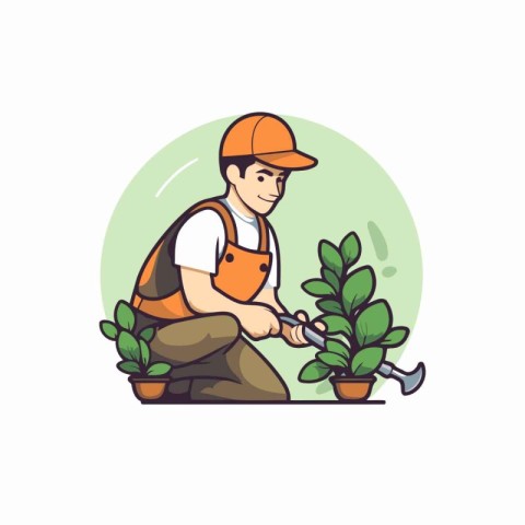 Gardener working in the garden. Vector illustration in cartoon s