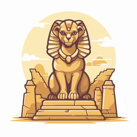 Egyptian Sphinx sitting on the stone pedestal. Vector illustrati