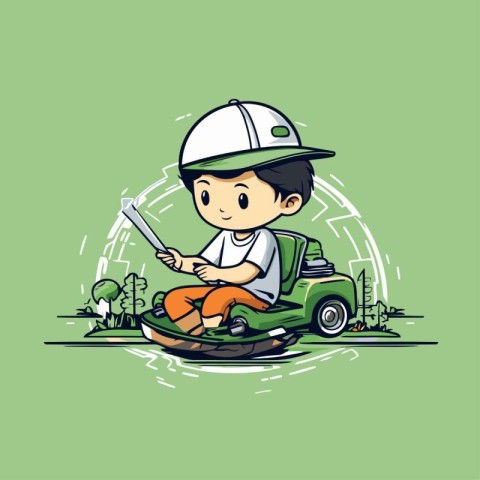 Illustration of a boy riding a toy car on a green background