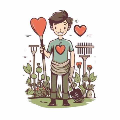 Vector hand drawn illustration of a gardener with a rake and a h