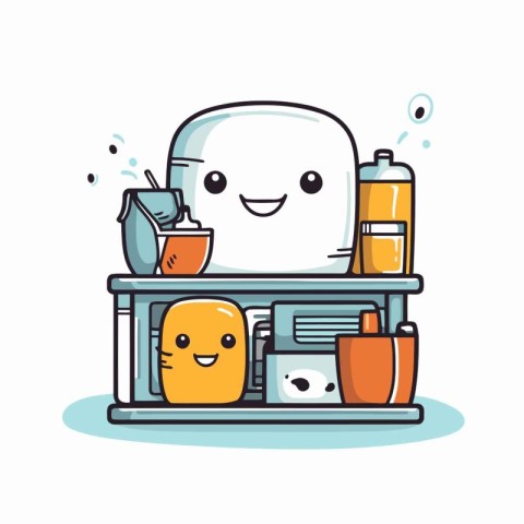 Cute cartoon Bathroom shelf with hygiene products. Vector illust