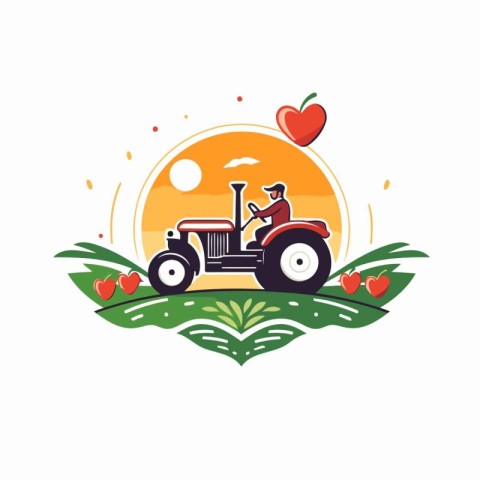 Agriculture logo. Farmer in tractor and apple vector illustratio