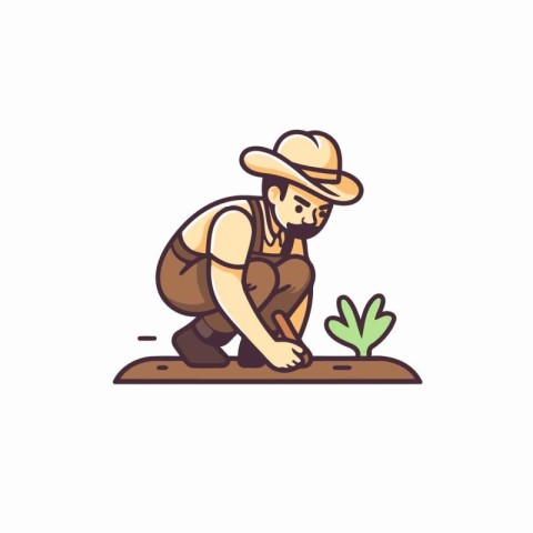 Farmer planting seedlings in the ground. Vector illustration in