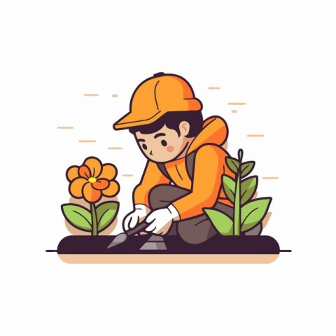 Gardener in uniform working in garden. Flat style vector illustr