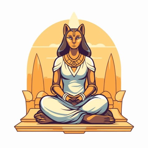 Egyptian goddess Durga sitting in lotus position. Vector illustr