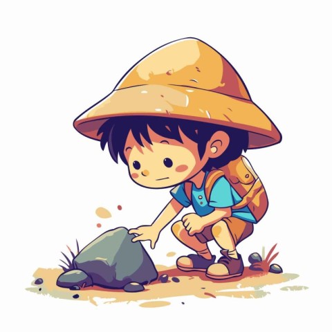 Illustration of a Cute Little Boy Wearing a Hat and Digging a St