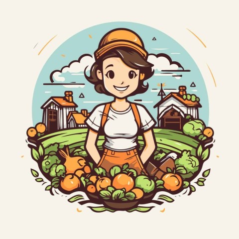 Cute farmer girl with basket full of ripe orange fruit. Vector i