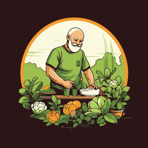 Elderly man gardening in the garden. Vector illustration in retr