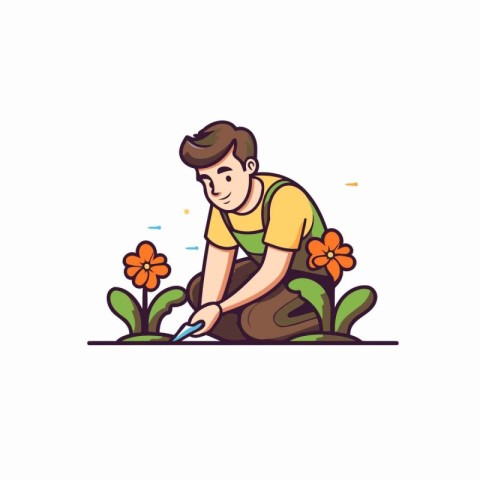 Gardening concept. Young man working in the garden. Vector illus