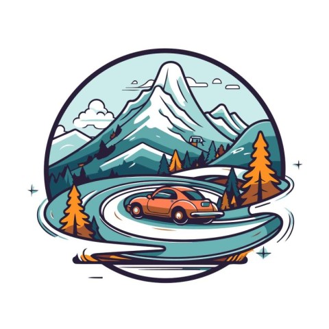 Mountain landscape and car. Vector illustration in cartoon style