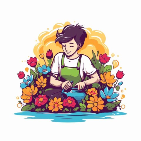 Gardener watering flowers with a watering can. Vector illustrati