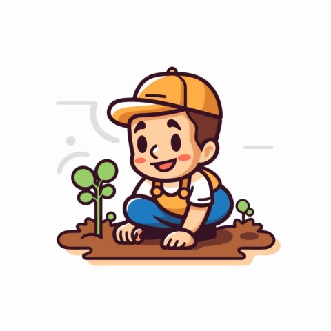 Cute little boy planting seedlings in the ground. Vector illustr