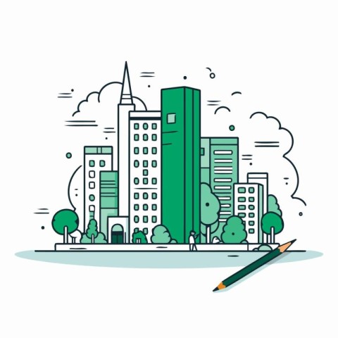 Modern cityscape. Skyscrapers. trees and clouds. Vector illustra