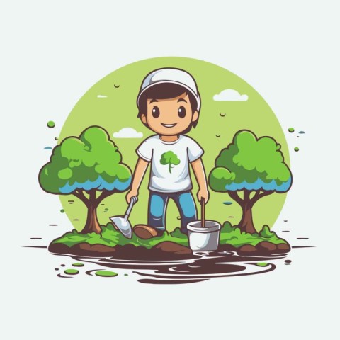 Gardening boy with shovel and watering can vector illustration g