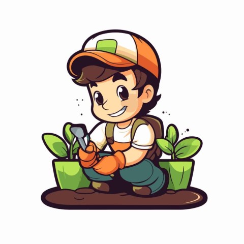 Cute little gardener boy working in the garden. Vector illustrat