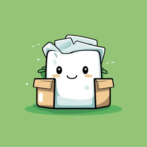 Illustration of a cute ice cube character with a box in the back