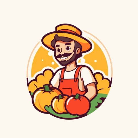 Cartoon farmer with fresh vegetables. Vector illustration in car