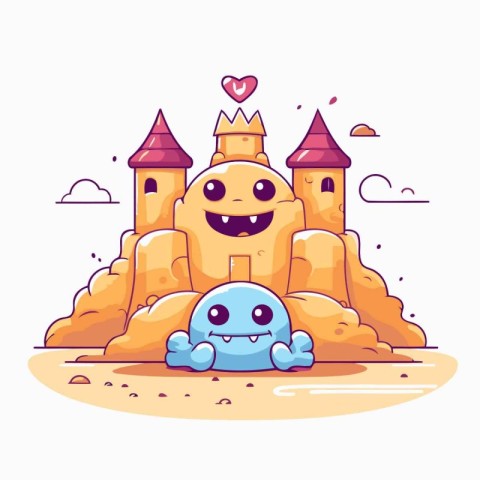 Funny cartoon castle on the sand. Vector illustration in a flat